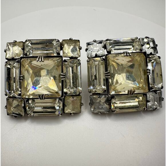 1940s 1950s vintage 925 sterling silver large clear rhinestones clip on earrings - Picture 3 of 8